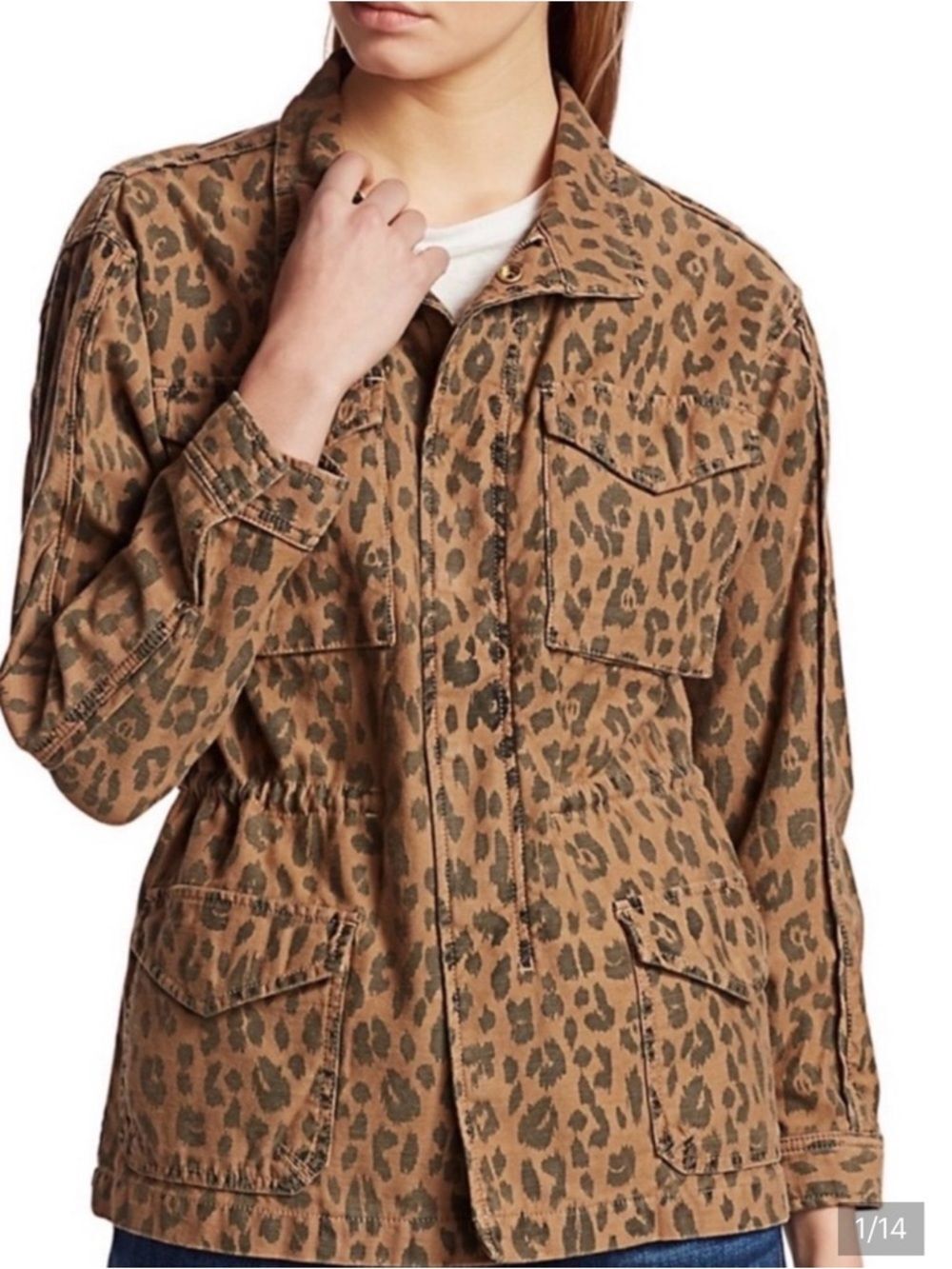FRAME Leopard Print Denim Utility Cargo Jacket Hoodless Military Cheetah XS
